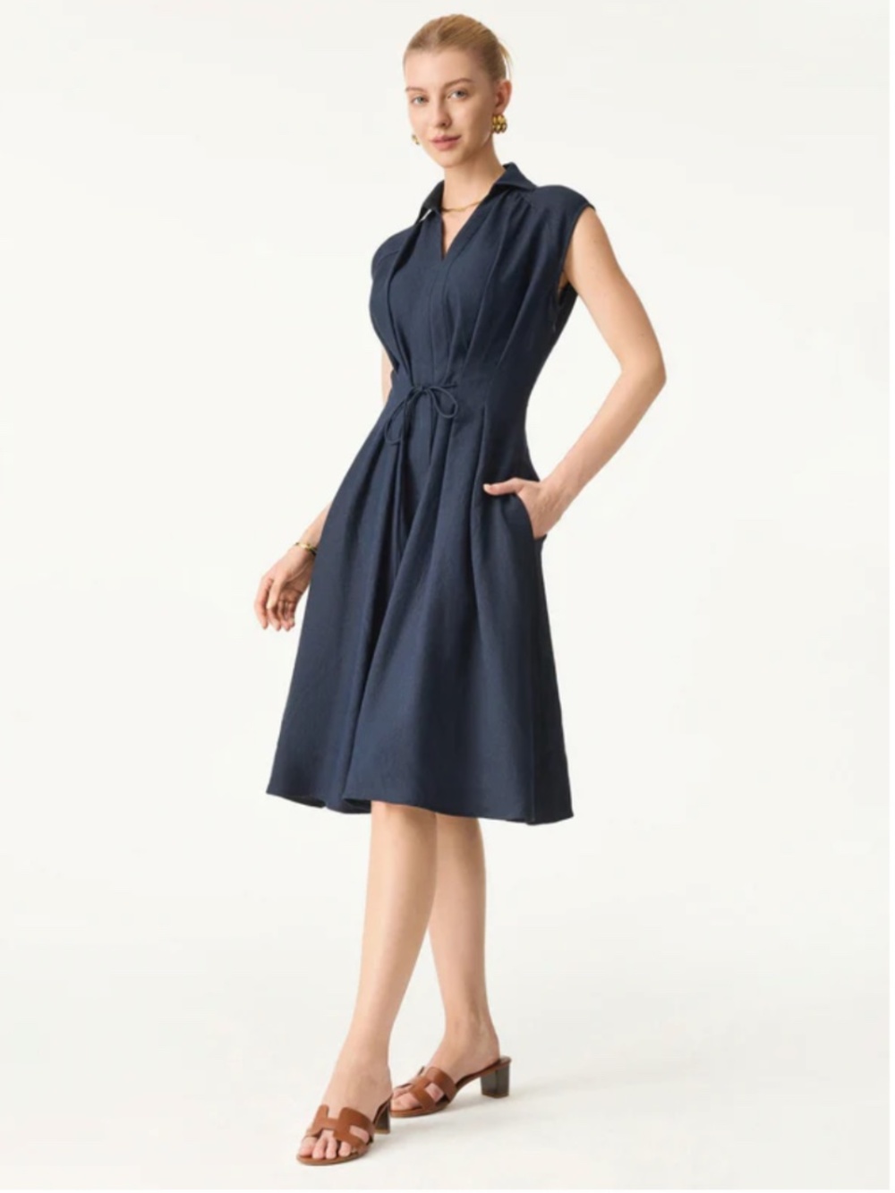 OGL Viscose Linen Midi Dress in Denim Navy